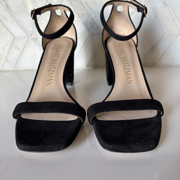 Stuart Weitzman Size 7B Block Heel Sandal Black Suede with Straps Nudistcurve - Picture 2 of 9